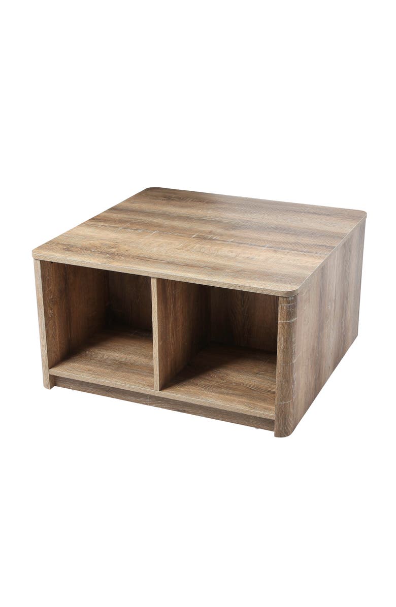 Storied Home Radius Coffee Table with 4 Square Cube Storage Compartments, Coastal Oak, Main, color, Brown