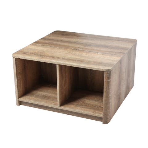 Radius Coffee Table with 4 Square Cube Storage Compartments, Coastal Oak