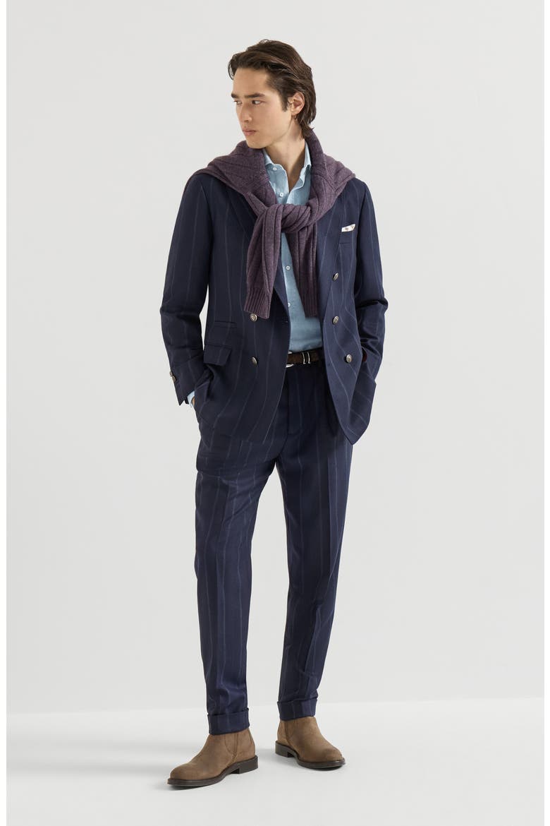 Cashmere and virgin wool multistripe twill one-and-a-half breasted deconstructed blazer with metal buttons, Alternate, color, Navy Blue