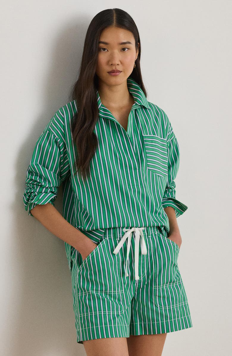 Lauren Ralph Lauren Stachee '70s Stripe Cotton Broadcloth Popover Shirt, Alternate, color, Green/ White Multi