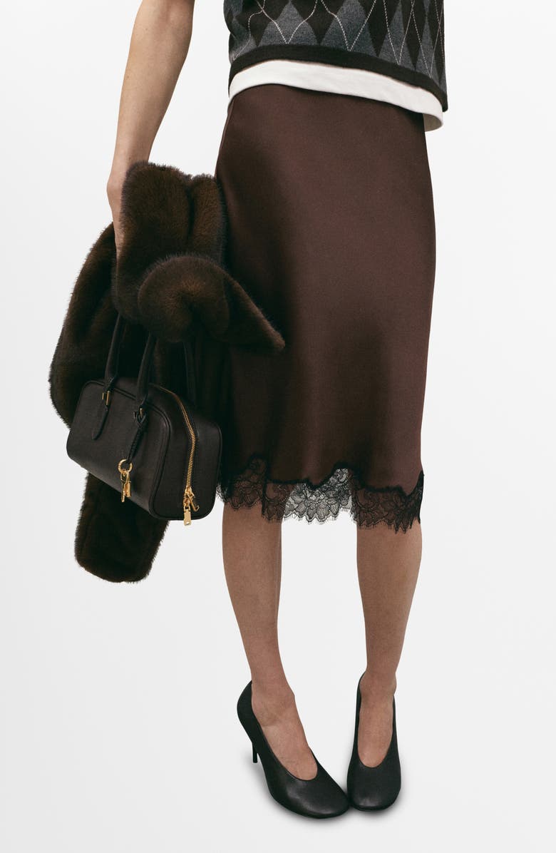 MANGO Lace Trim Satin Midi Skirt, Main, color, Brown