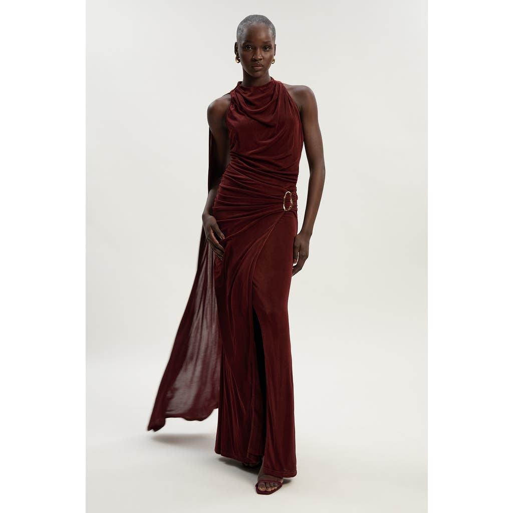 Karen Millen Slinky Crepe High Neck Maxi Dress In Brown