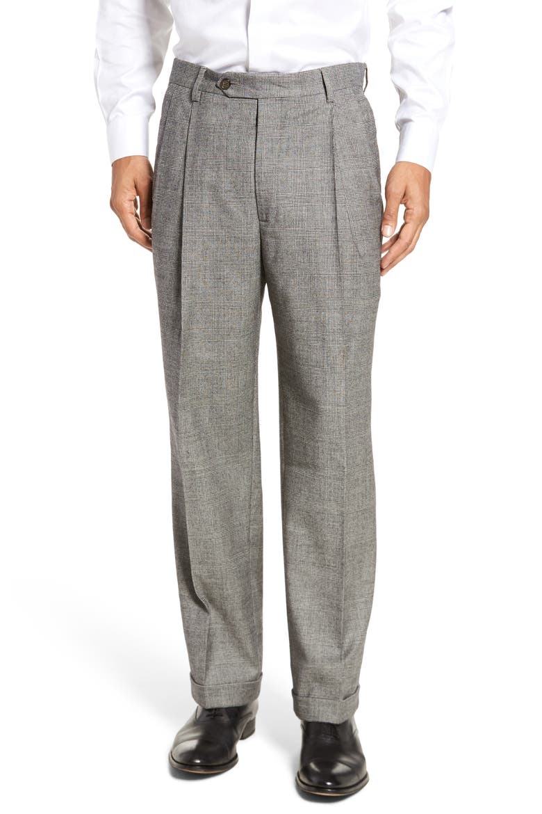 Touch Finish Pleated Plaid Classic Fit Stretch Wool Trousers, Main, color, BLACK/ WHITE