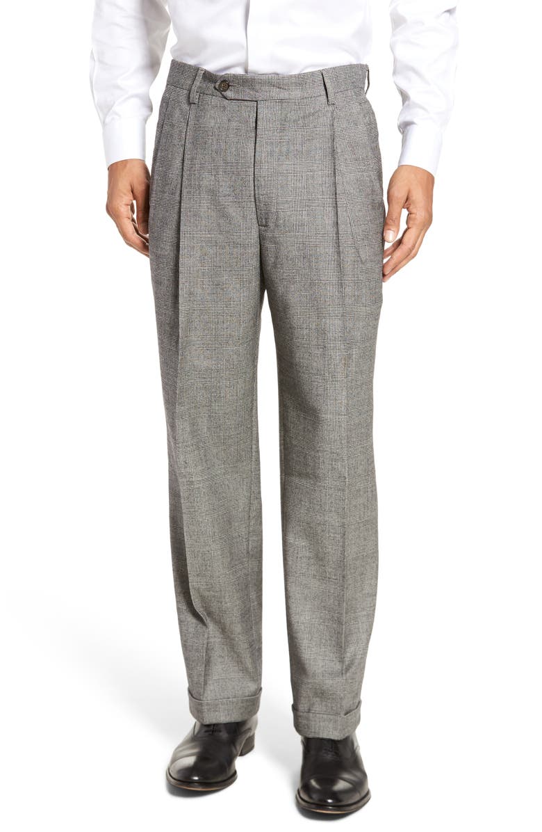 Berle Touch Finish Pleated Plaid Classic Fit Stretch Wool Trousers, Main, color, Black/ White