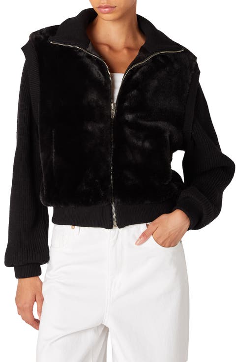 Mixed Media Faux Fur Bomber Jacket