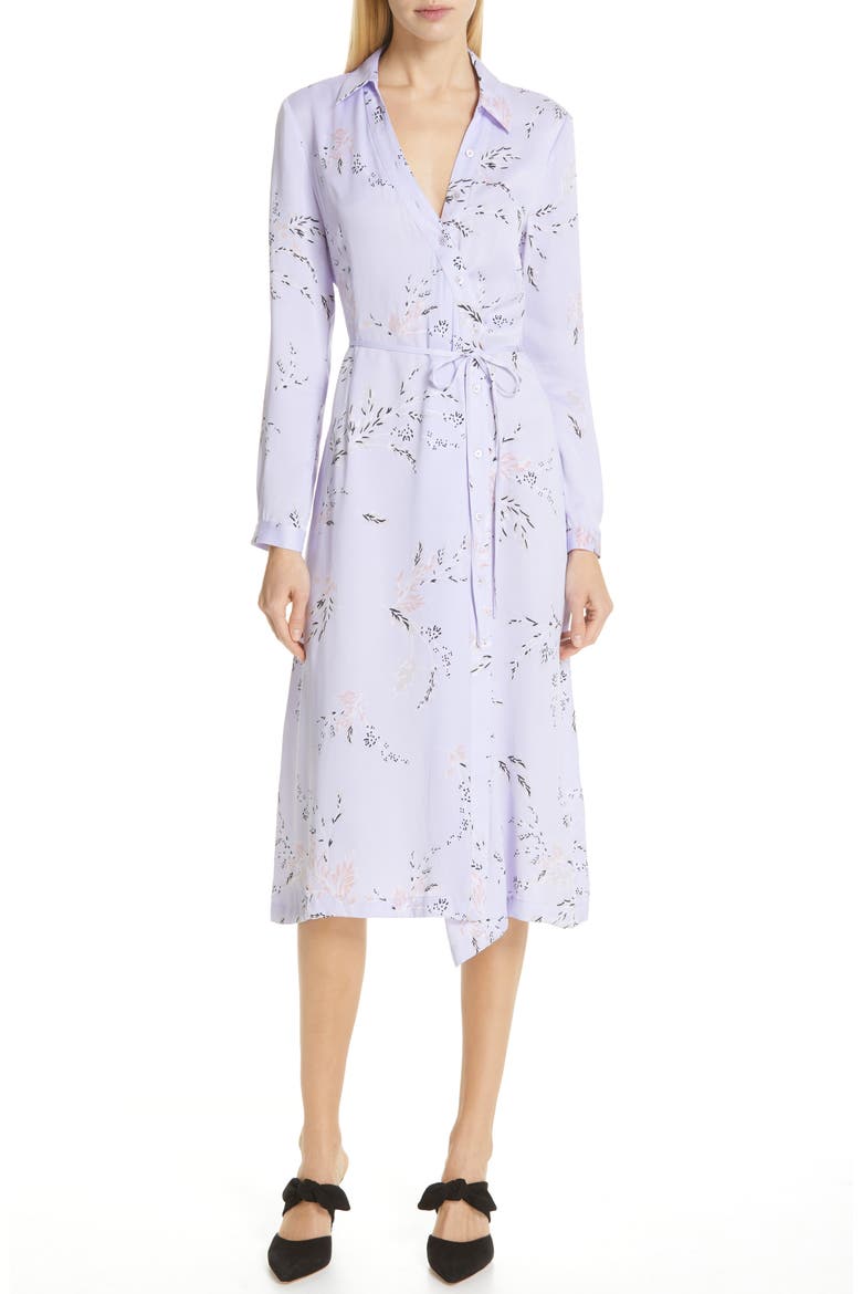 Fabienne Asymmetrical Button Front Silk Blend Midi Dress, Main, color, LAVENDER MULTI