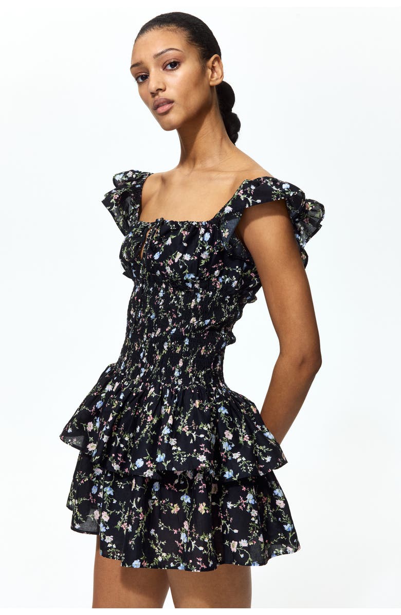 H&M Smocked-waist dress, Main, color, Black/Floral