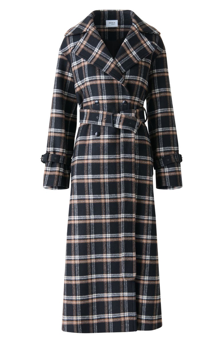 Akris punto Plaid Double Face Wool Blend Trench Coat, Alternate, color, Black-Camel-Cream