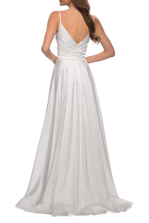 La Femme Long Satin Dress With Side Slit And V Shaped Back In White