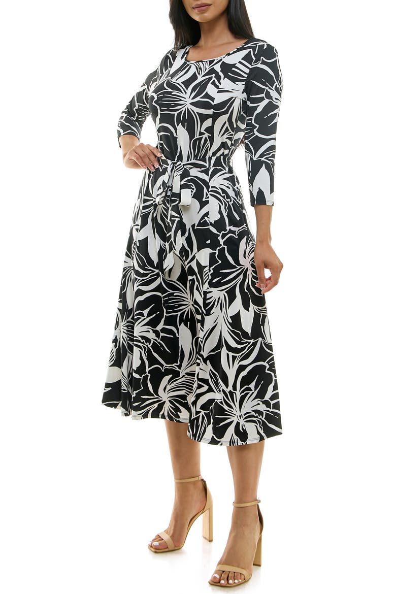Crewneck Three-Quarter Sleeve Midi Dress, Alternate, color, BLACK WHITE