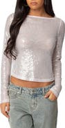EDIKTED Sheer Sequin Long Sleeve Top