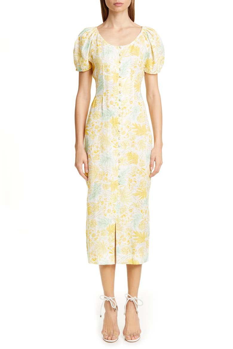 Print Linen Midi Pencil Dress, Main, color, LEMONADE MULTI