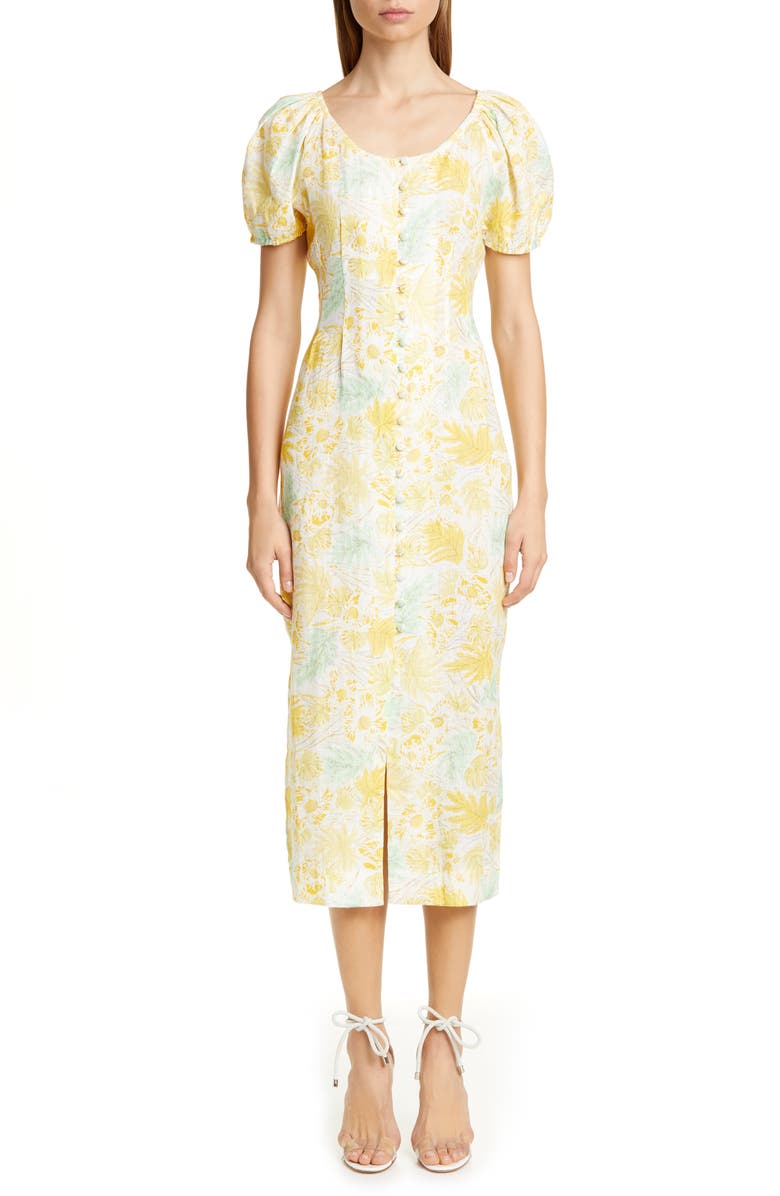 Cult Gaia Print Linen Midi Pencil Dress, Main, color,