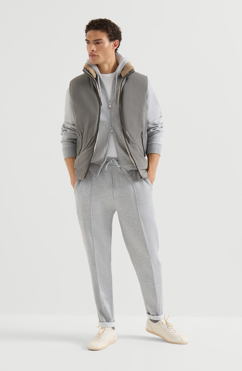 Brunello Cucinelli Waxed techno cotton down vest with detachable hood, Alternate, color, Grey