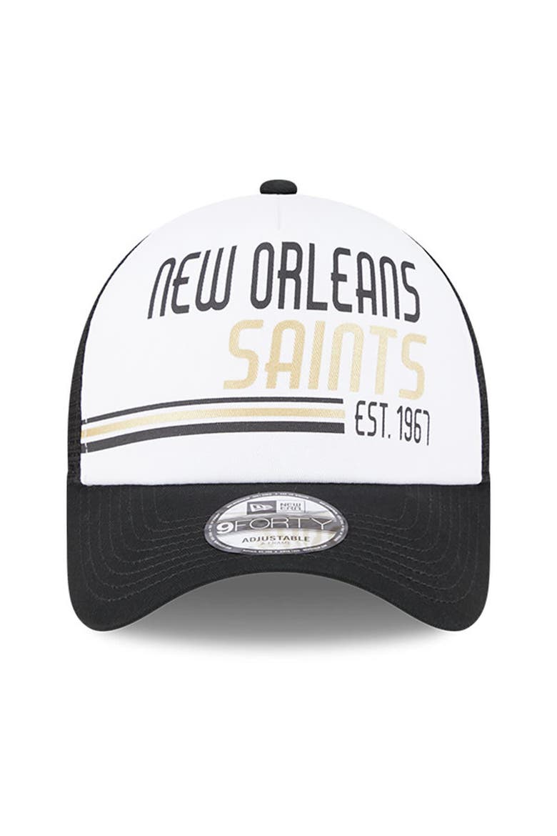 Men's New Era White/Black New Orleans Saints Stacked A-Frame Trucker 9FORTY Adjustable Hat, Alternate, color, White