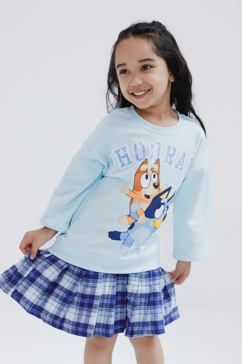 Fleece Sweatshirt and Plaid Pleated Skirt Set, Alternate, color, Bluey Bingo Light Blue