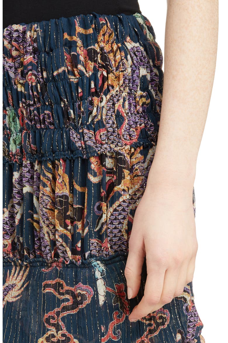 Zuki Tiered Dragon Print Silk Blend Skirt, Alternate, color, MIDNIGHT