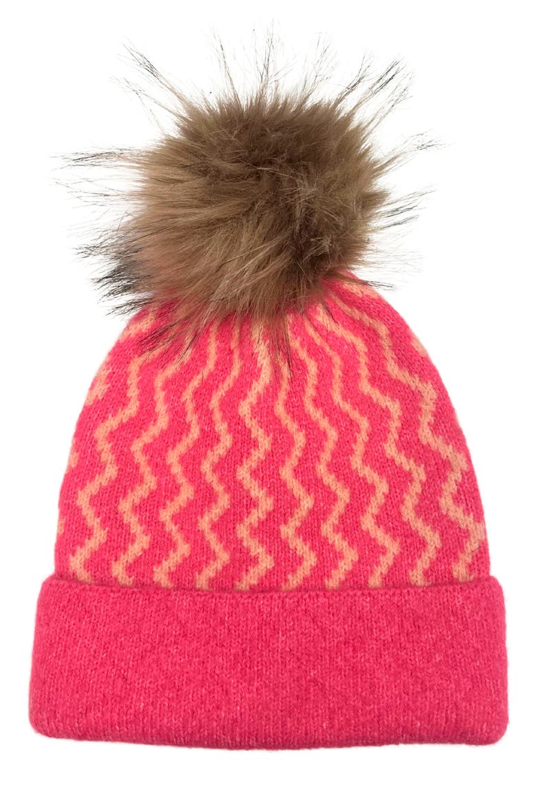 Faux Fur Pom Zigzag Knit Beanie, Main, color, FUCHSIA