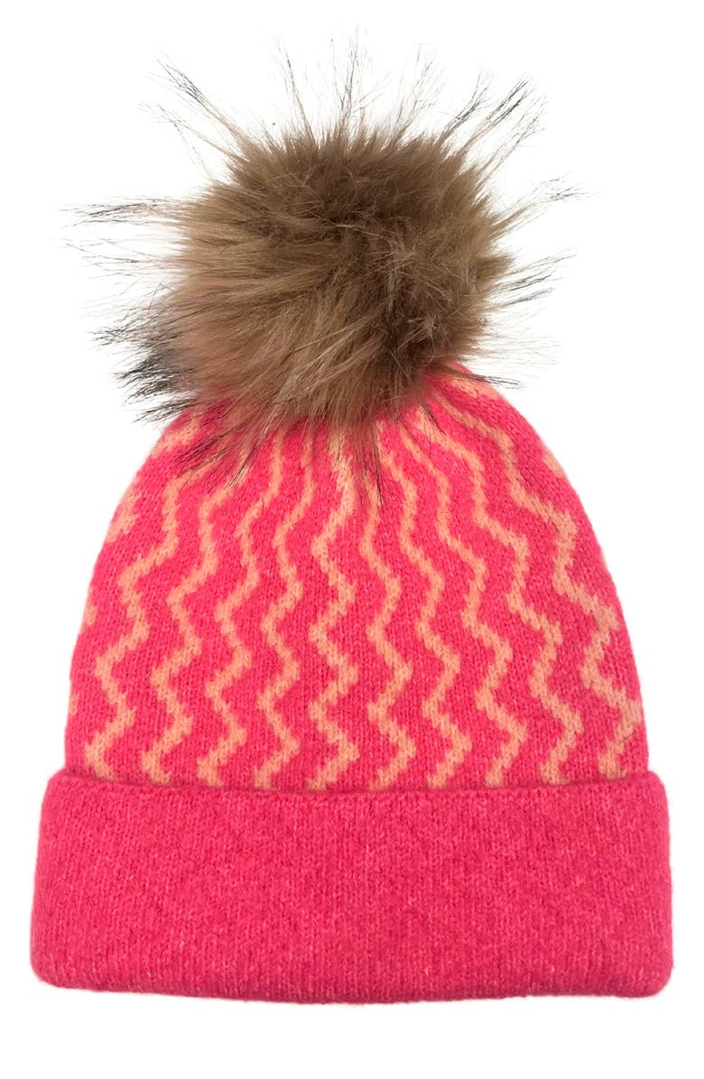 MARCUS ADLER Faux Fur Pom Zigzag Knit Beanie, Main, color, Fuchsia