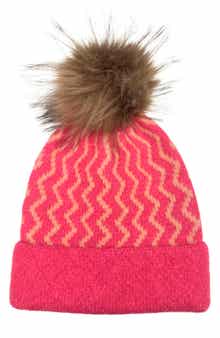 MARCUS ADLER Faux Fur Pom Zigzag Knit Beanie