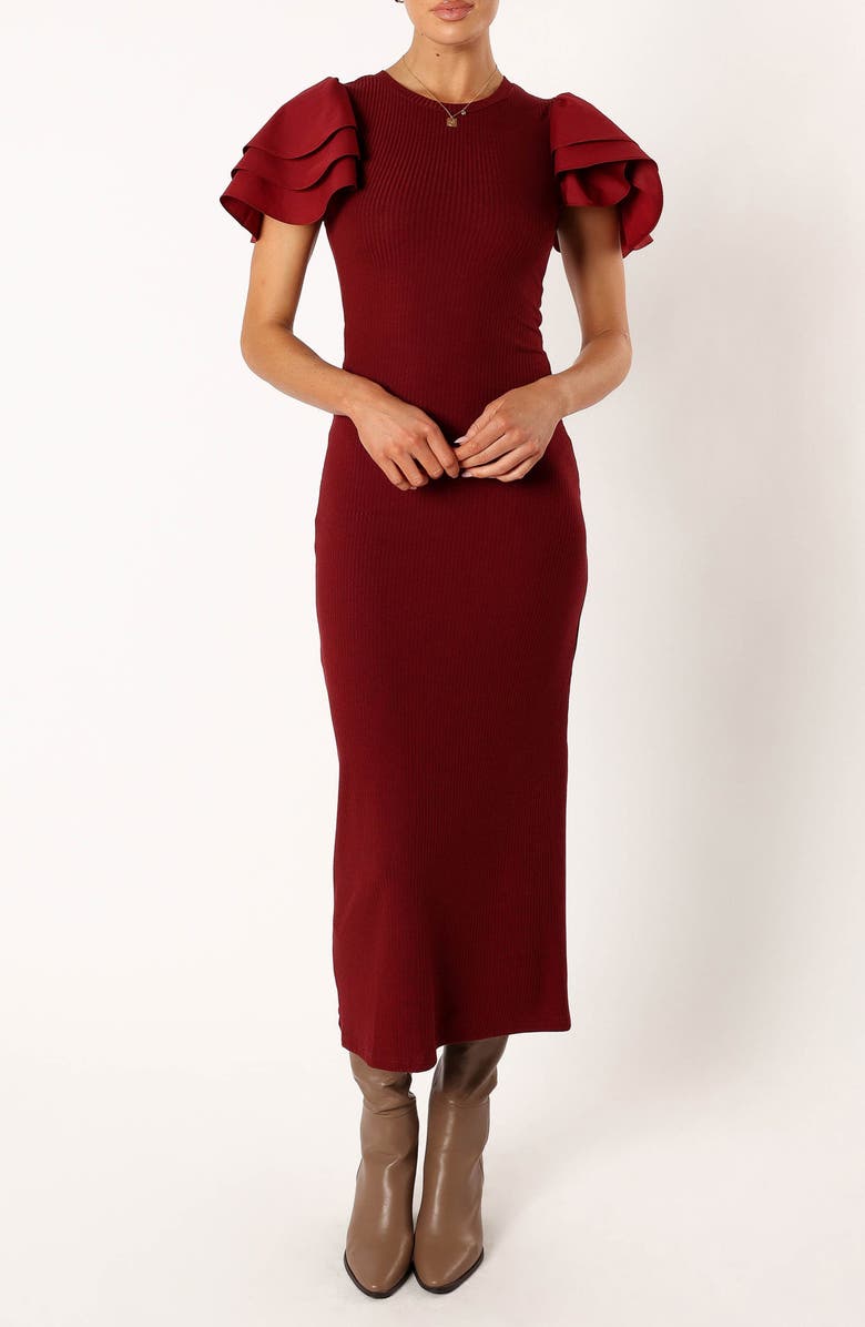 Petal & Pup Cally Ruffle Sleeve Body-Con Sweater Dress, Main, color, Wine