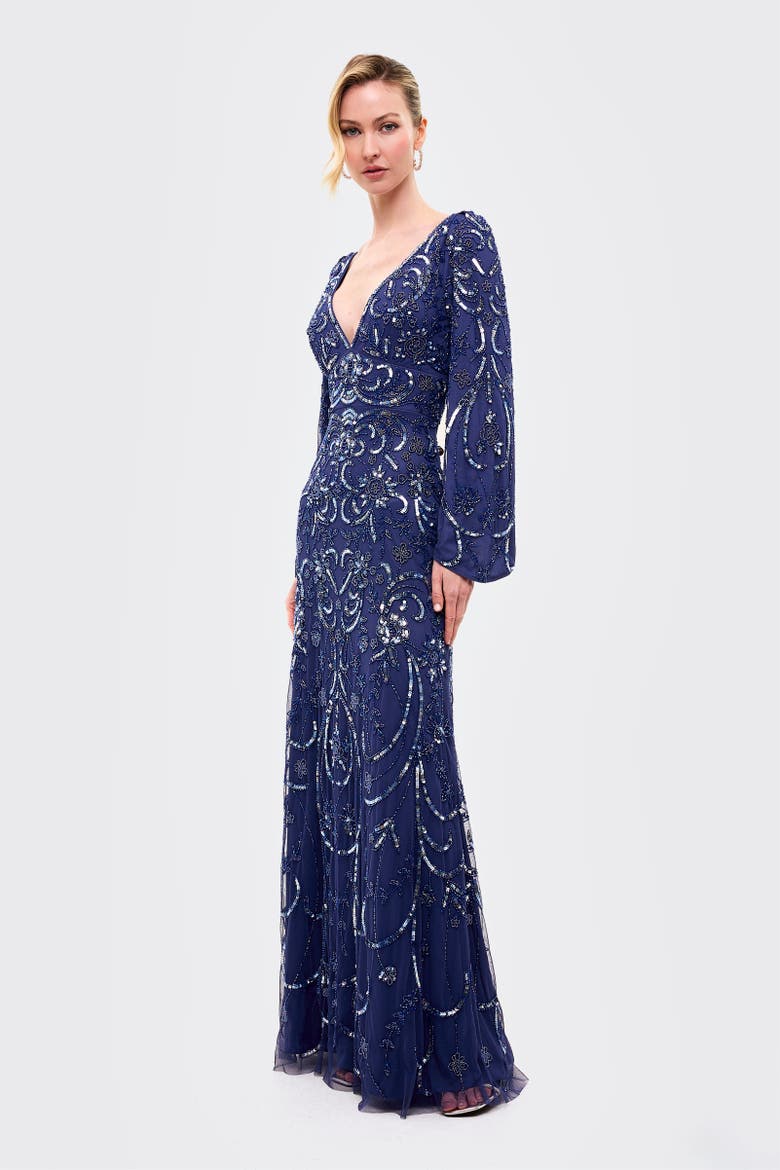 Deep Neck Embellished Sequins Maxi Dress, Alternate, color, BLUE