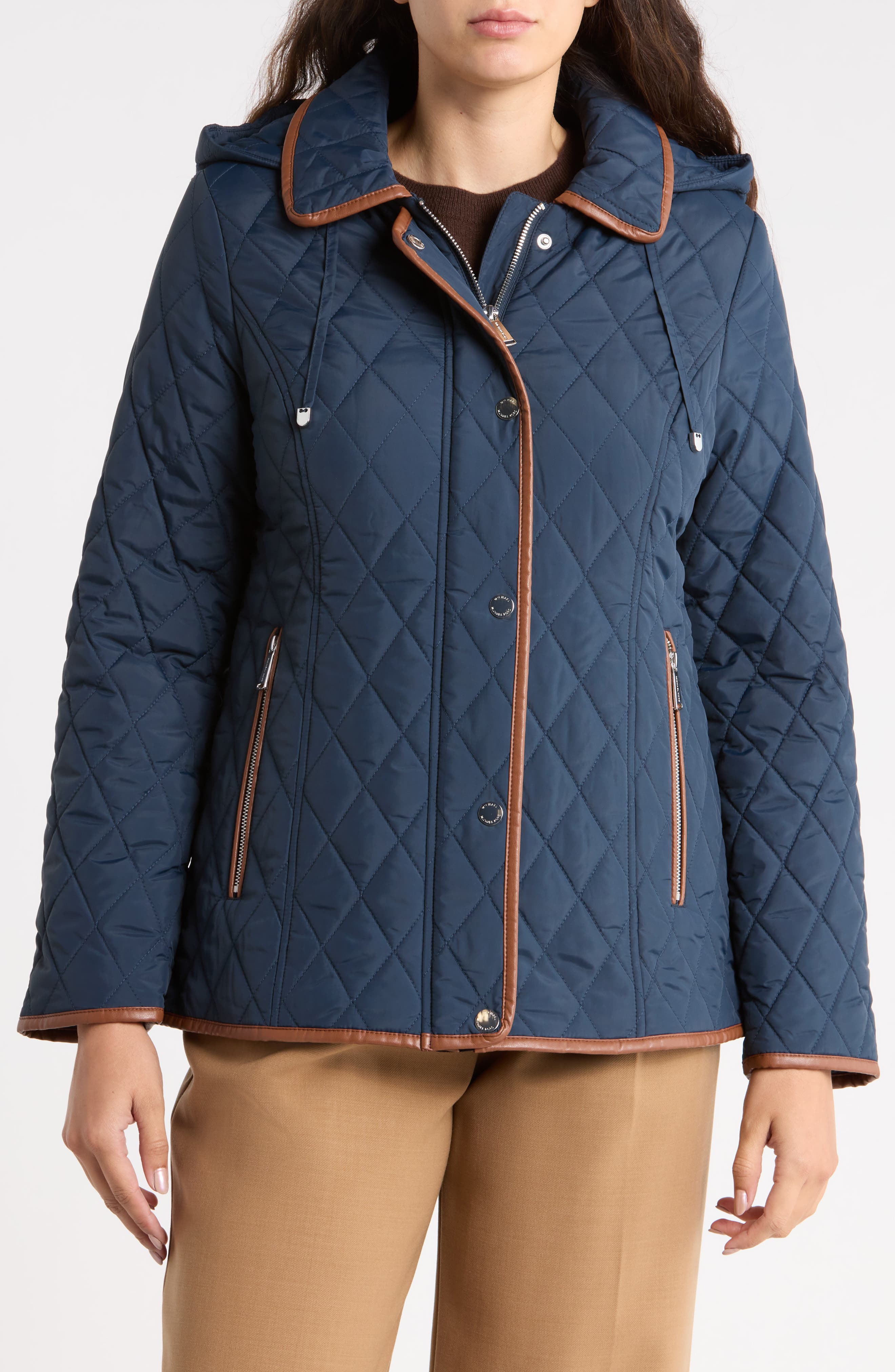 Quilted Hooded Jacket with Faux Leather Trim