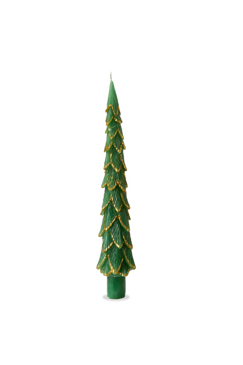 Gilded Pine Tree Taper Candle S/2 Green Green Paraffin Wax Christmas, Main, color, Green
