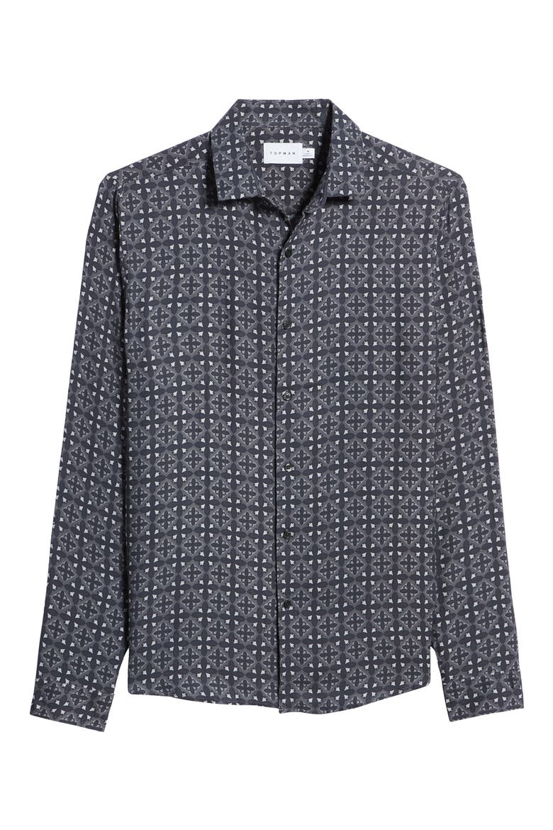 Men's Geo Tile Print Button-Up Shirt, Alternate, color, BLACK