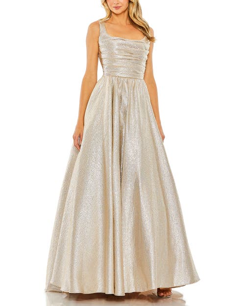 Mac Duggal Metallic Pleated Bodice Ballgown In Oyster