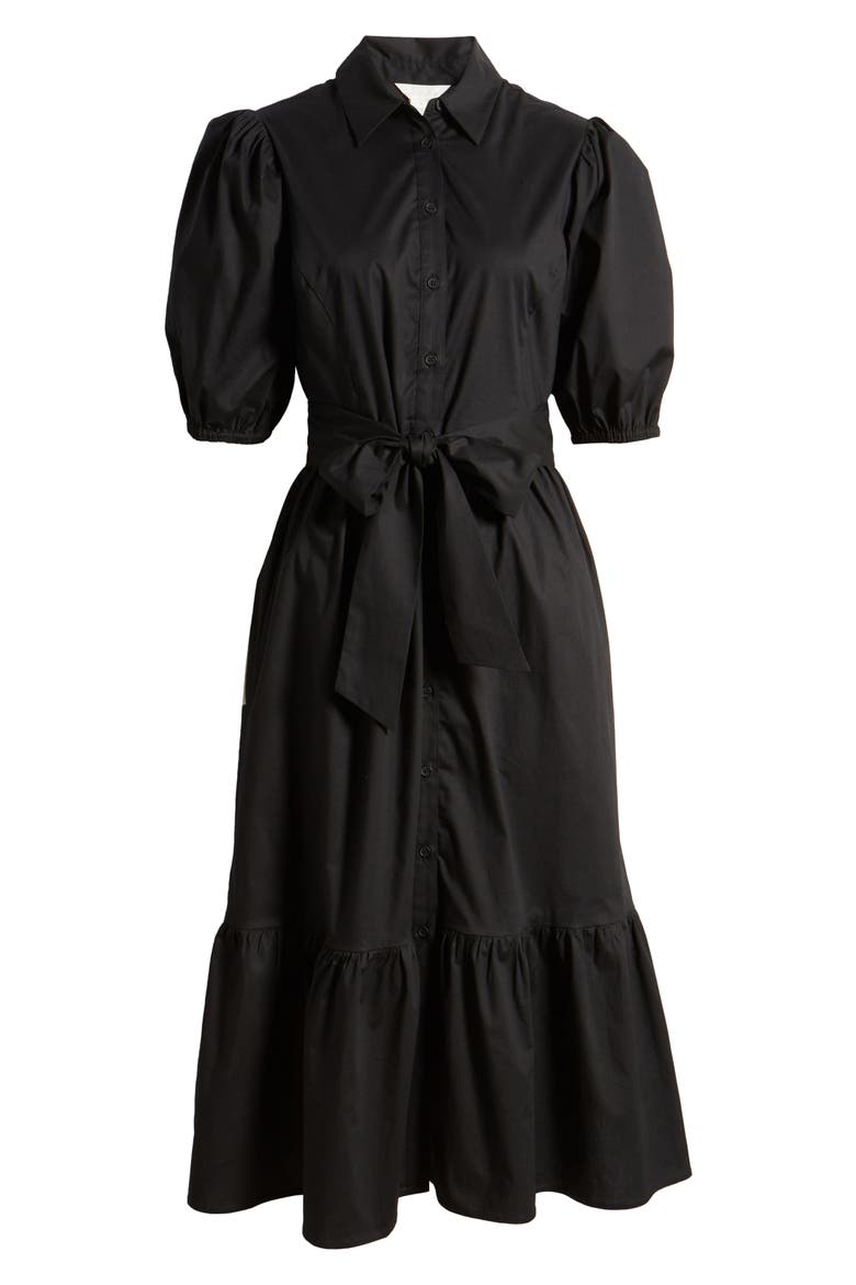 Puff Sleeve Stretch Cotton Shirtdress, Alternate, color, BLACK