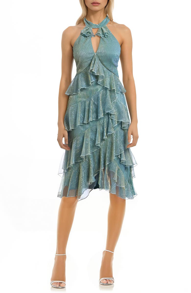 Jewel Badgley Mischka Metallic Ruffle Cocktail Dress, Main, color, 