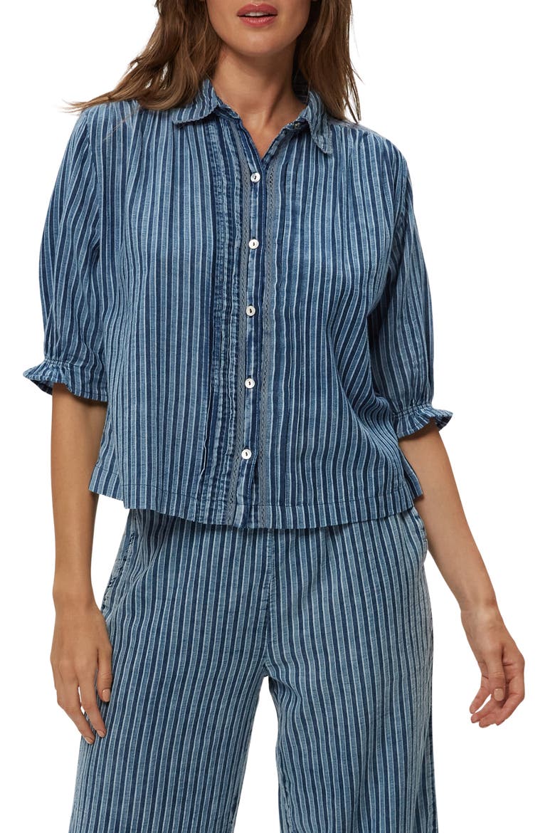 Holly Lace Trim Button-Up Shirt, Main, color, INDIGO STRIPE