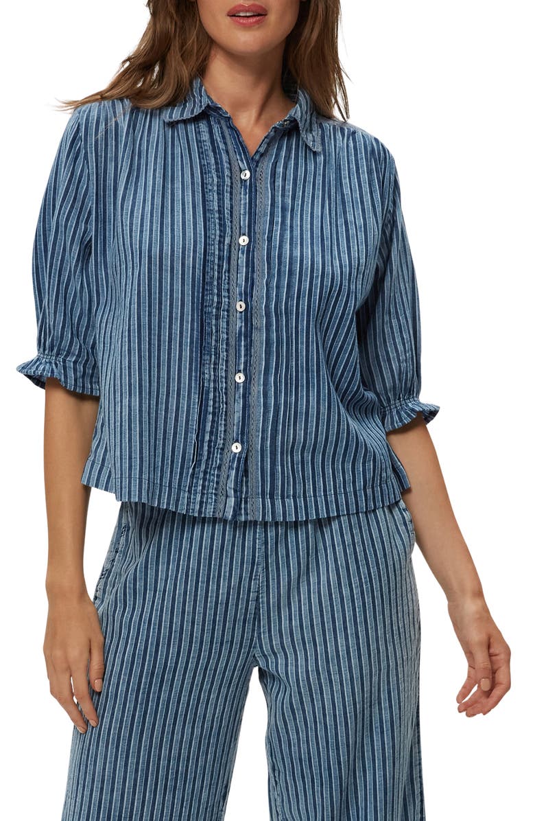 Michael Stars Holly Lace Trim Button-Up Shirt, Main, color, Indigo Stripe
