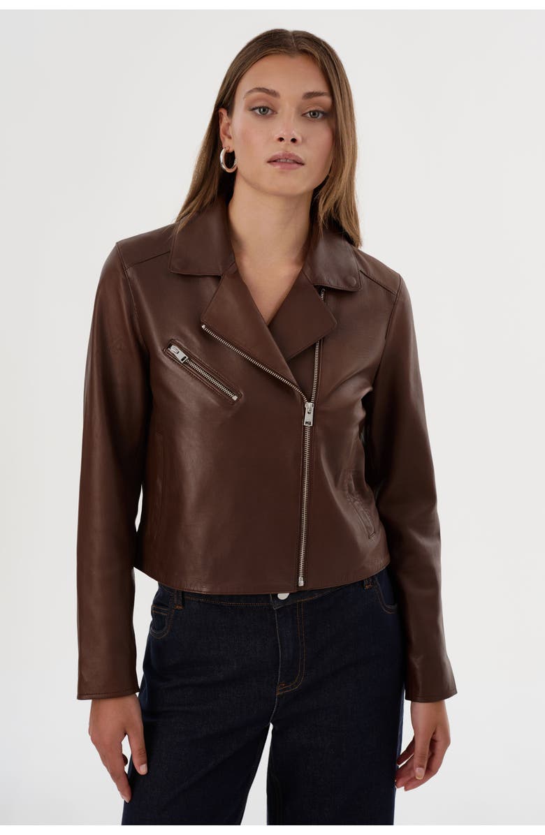 LAMARQUE VALERIA | Leather Biker Jacket, Alternate, color, Brown