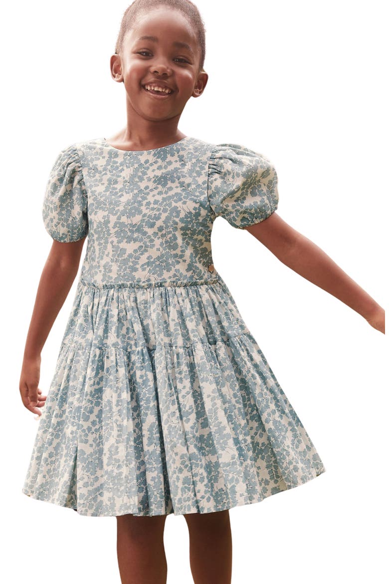 Kids' Floral Tiered Puff Sleeve Cutout Cotton Dress, Alternate, color, IVORY BLUE