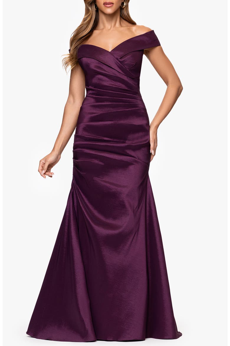 Off the Shoulder Taffeta Sheath Gown, Main, color, PLUM