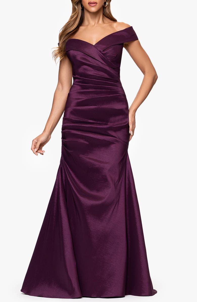 Xscape Evenings Off the Shoulder Taffeta Sheath Gown, Main, color, Plum