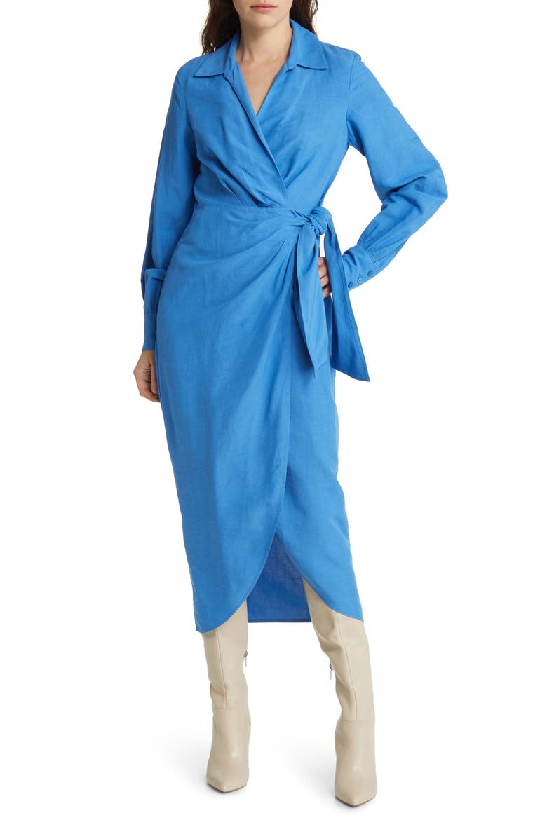 Collared Long Sleeve Wrap Midi Dress, Main, color, BLUE