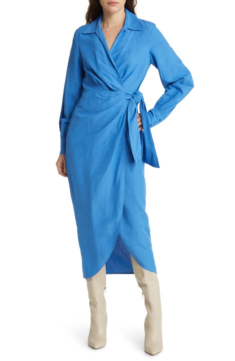 & Other Stories Collared Long Sleeve Wrap Midi Dress, Main, color, Blue