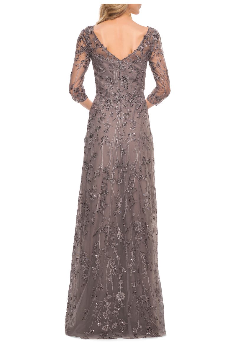 La Femme Beaded Lace Gown with V Neckline and Sheer Sleeves, Alternate, color, Gunmetal