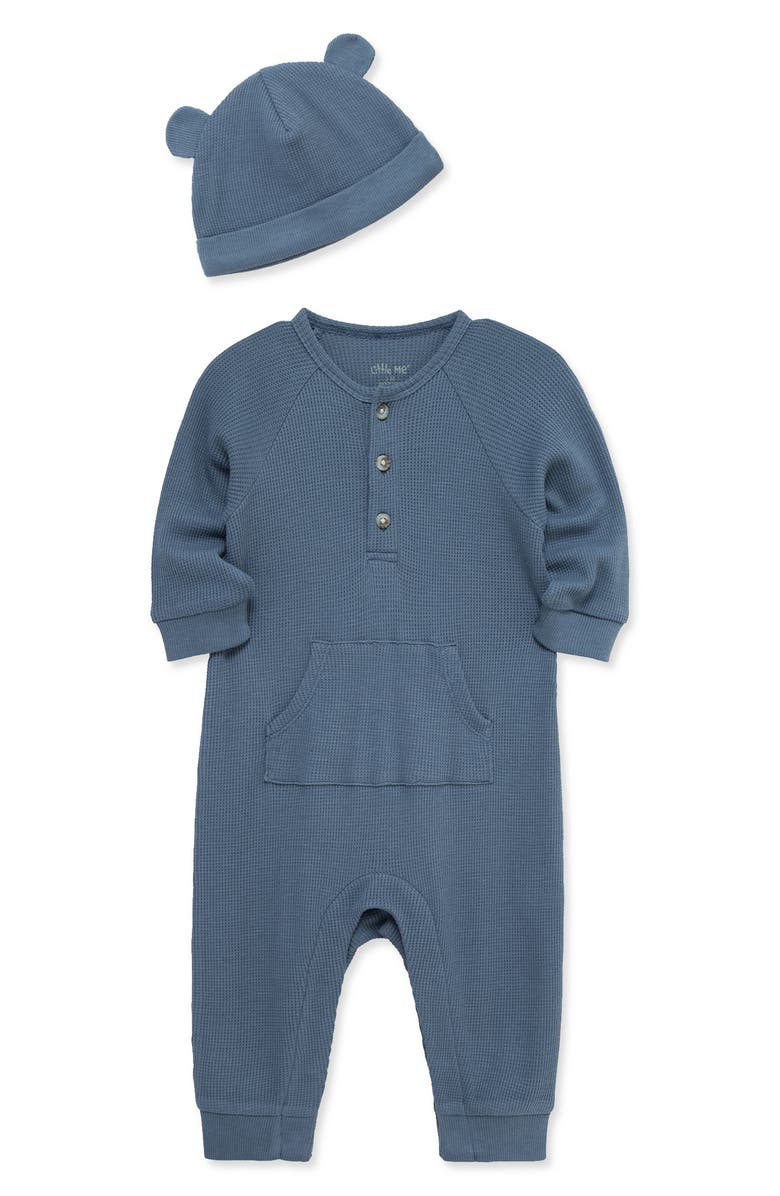 Little Me Waffle Stitch Romper & Cap Set, Alternate, color, Dark Blue