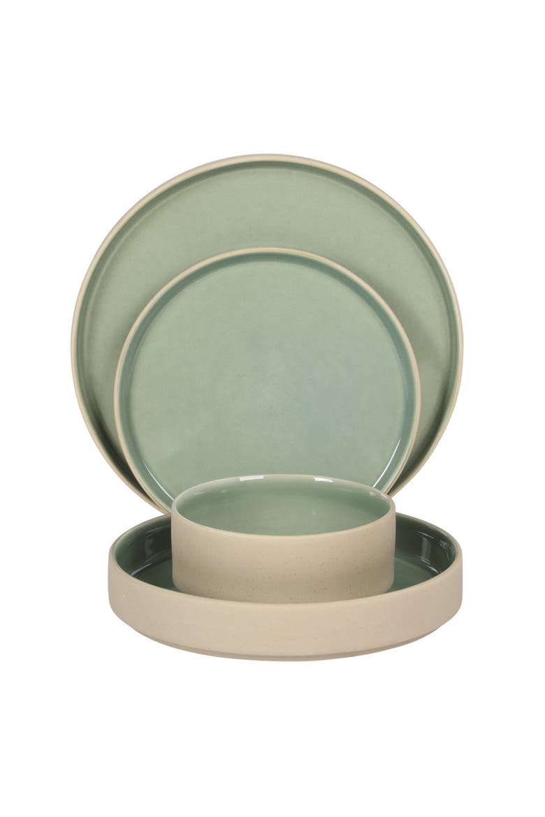 Liberty Bay 16-Piece Stoneware Stackable Plates and Double Bowl Dinnerware Set, Alternate, color, Mint