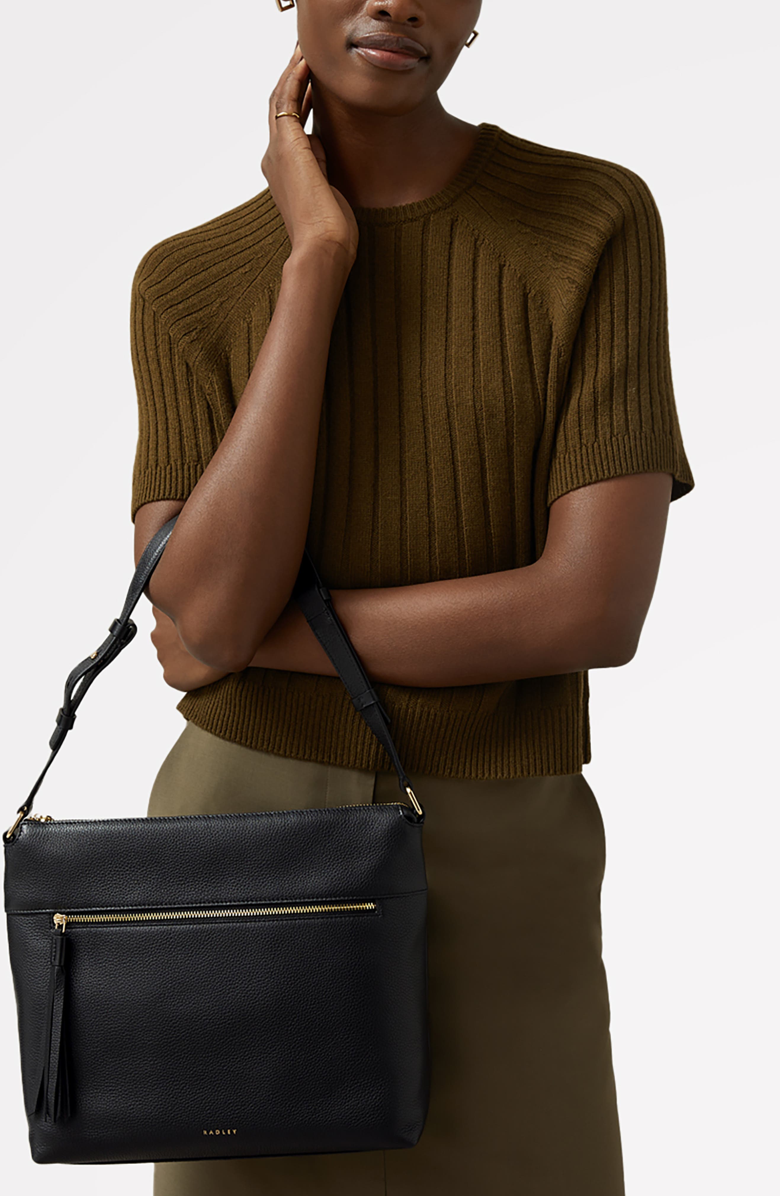 Radley Fountain Mews Small Zip Top Leather Crossbody Bag, Alternate, color, Black