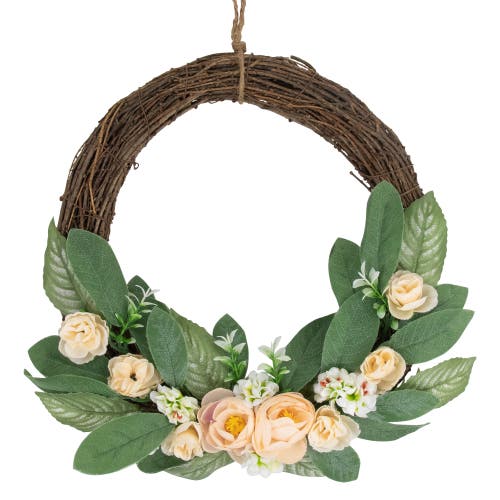 Northlight 14" Mini Peach Rose Half Floral Spring Wreath In Green