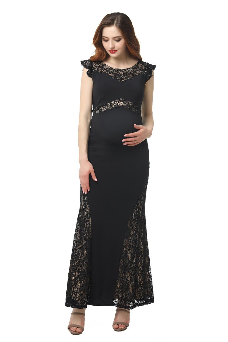 Audrey Lace Trim Maternity Gown, Alternate, color, BLACK