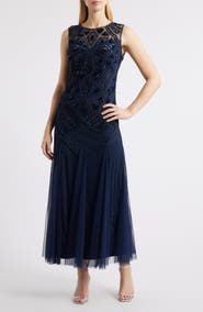 Pisarro Nights Geometric Beaded Sleeveless Gown