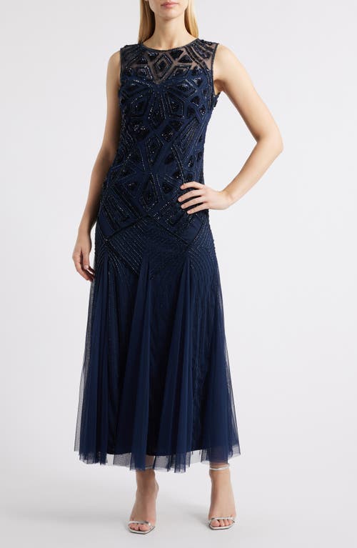 Pisarro Nights Geometric Beaded Sleeveless Gown In Navy
