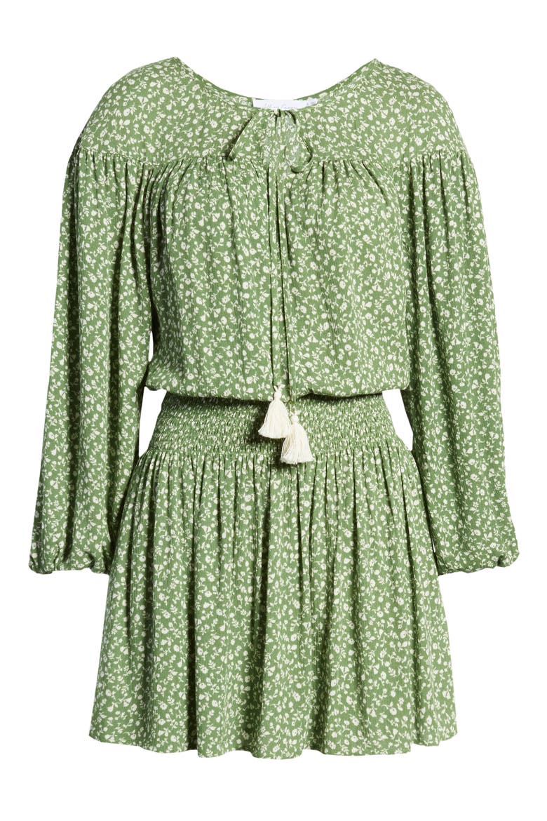 Floral Smocked Waist Long Sleeve Minidress, Alternate, color, OLIVE CREAM FLORAL