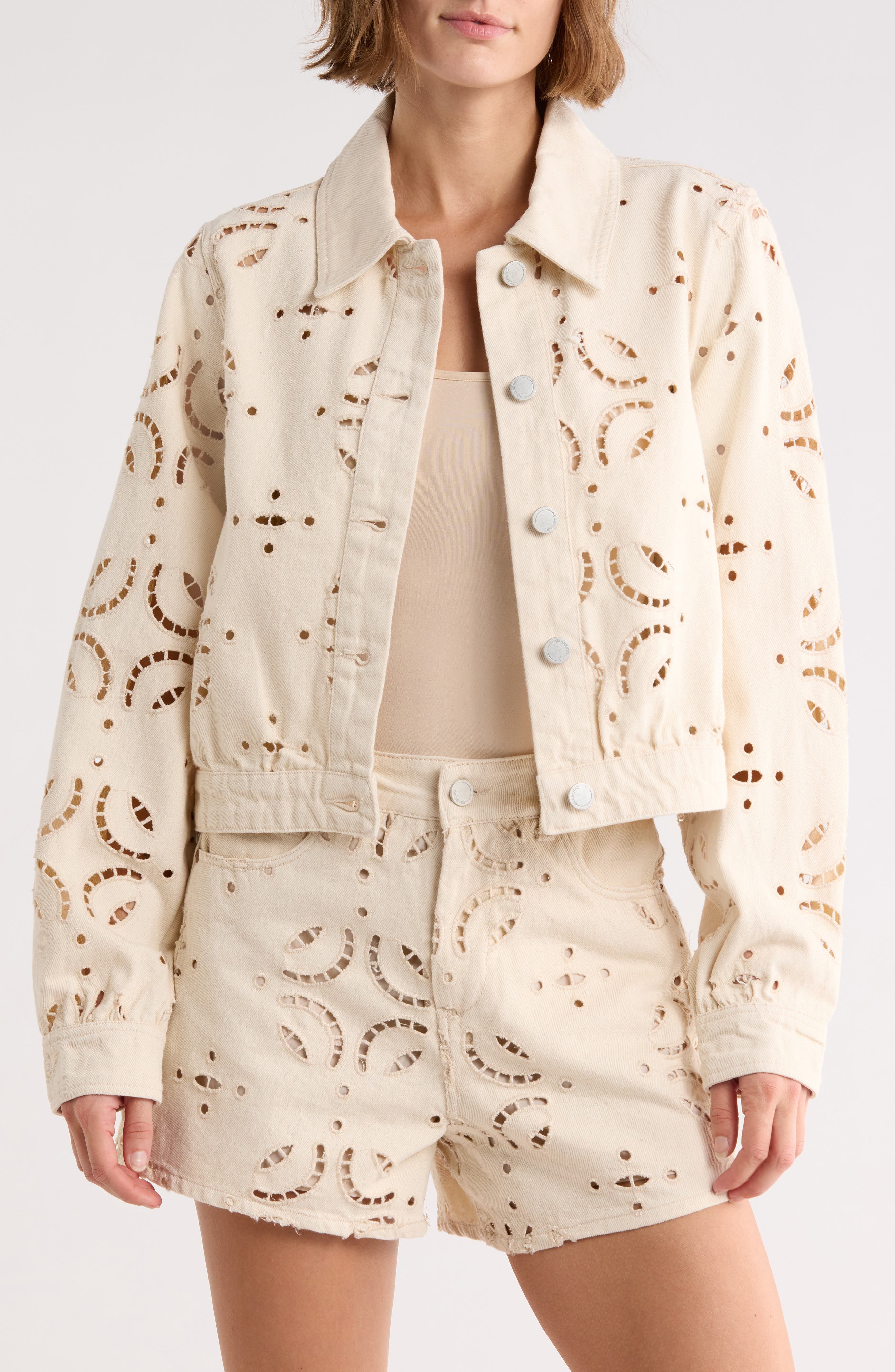 BLANKNYC Eyelet Embroidered Denim Trucker Jacket